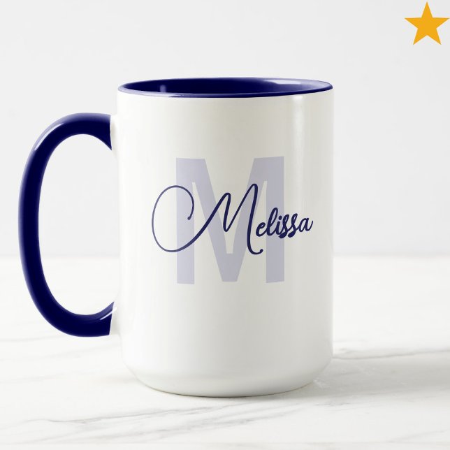 Modern blå vit anpassad namn kursiv monogram mugg (Skapare uppladdad)