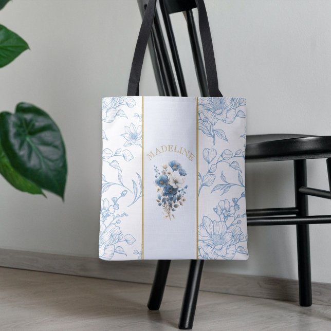 Modern blå vit Blommigt, bibelverse anpassat namn Tygkasse (Skapare uppladdad)