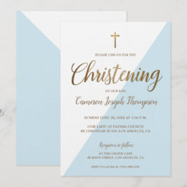 Modern Blå Vit Guld Dop Baby Pojke Inbjudningar