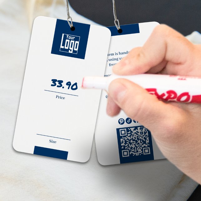 Modern blå vit Logotyp QR-kodkläder Pris Märkre Visitkort (Modern Blue White Logo QR Code Garment Price Tag)