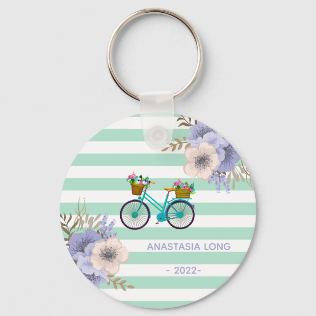 Modern Blåa blommor Bicycles Nyckelring (Framsida)