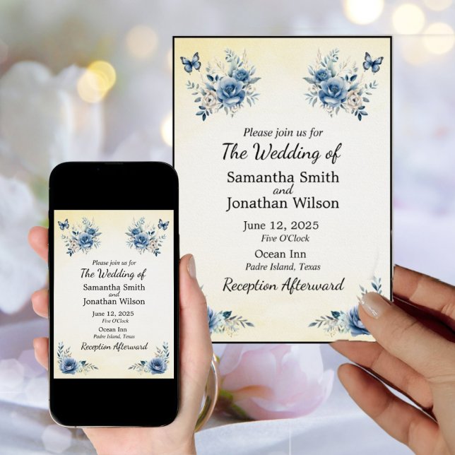 Modern Blåa blommor och Butterflies Bröllop Inbjudningar (Skapare uppladdad)