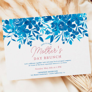 Modern blåa blommor-skript mors dag brunch inbjudningar
