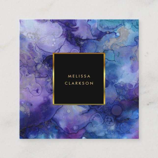 Modern blåaktig lila stänk guld ram fyrkantigt visitkort (Framsida)