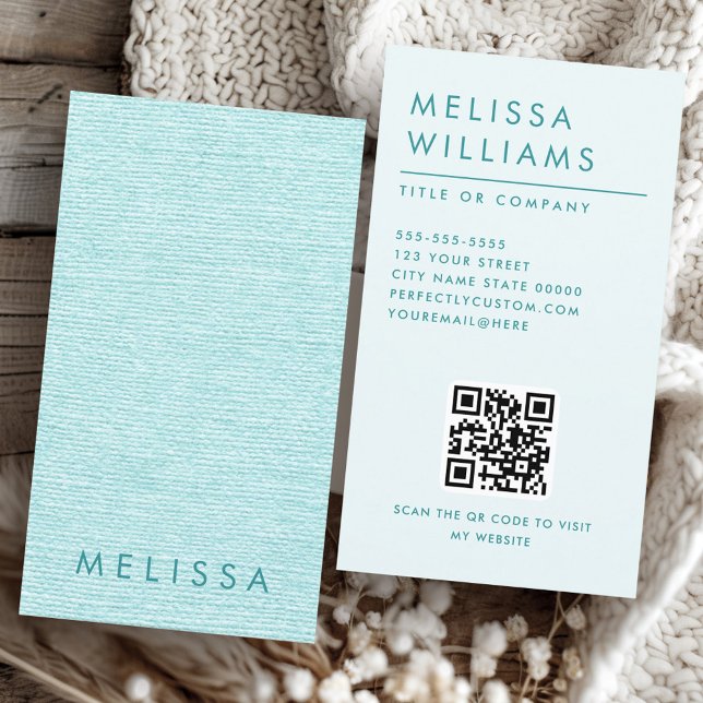 Modern blåaktig linne ser ut som lodrät minimalist visitkort (Modern aqua blue linen look vertical minimalist business card)