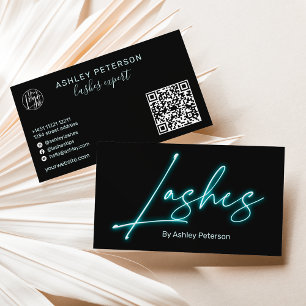 Modern blåblå nyon lash-skript, logotyp qr-kod visitkort