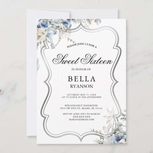 Modern Blåblått Blommigt Silver Sweet sixteen-inbj Inbjudningar (Framsida)