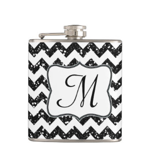 Modern Blac Glitter Chevron Monogram Whiskey-kolv Fickplunta