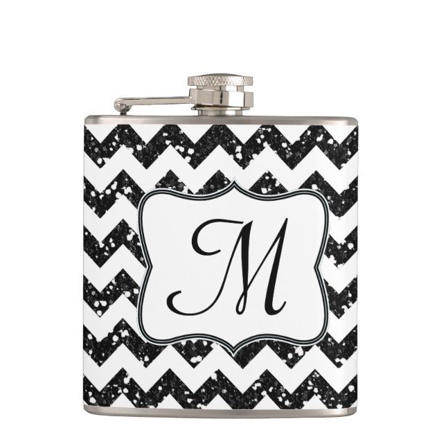 Modern Blac Glitter Chevron Monogram Whiskey-kolv Fickplunta (Framsidan)