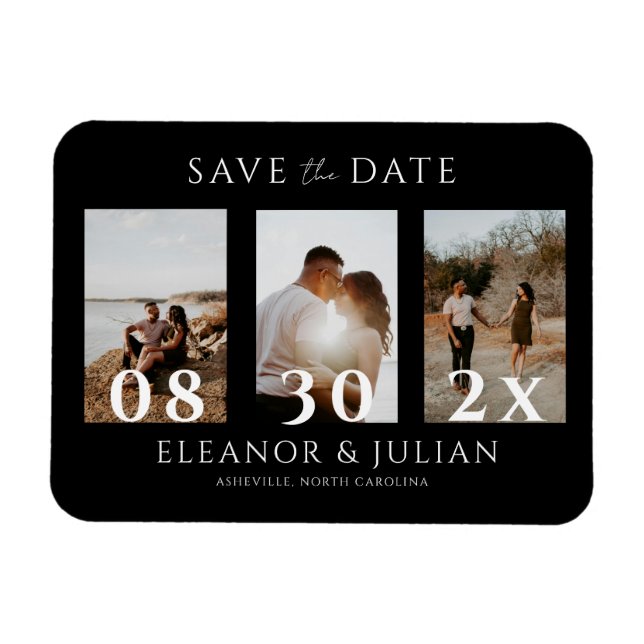 Modern Black 3 Photo Film Strip Save the Date Magnet (Horisontell)