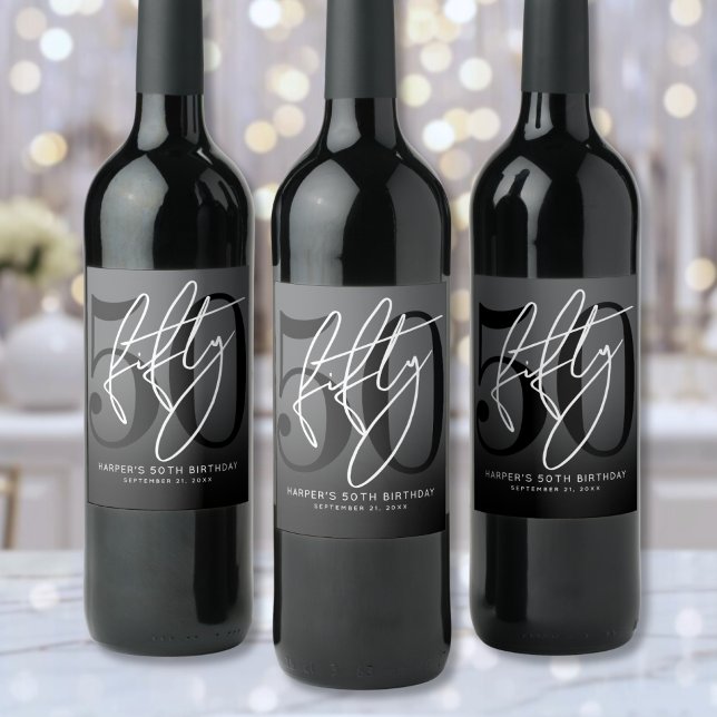 Modern Black 50th Birthday Party Vinflaska Etikett (Modern Black 50th Birthday Party Wine Label )