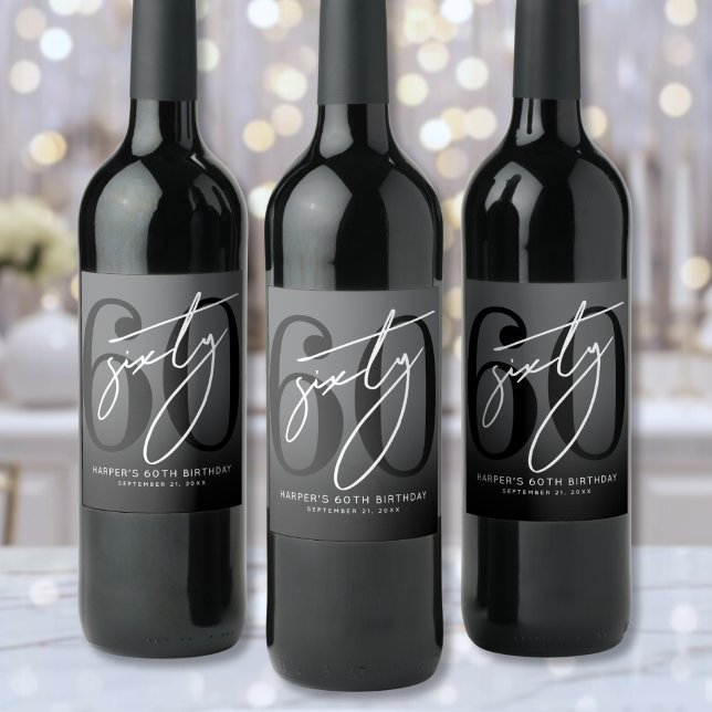 Modern Black 60th Birthday Party Vinflaska Etikett (Modern Black 60th Birthday Party Wine Label)