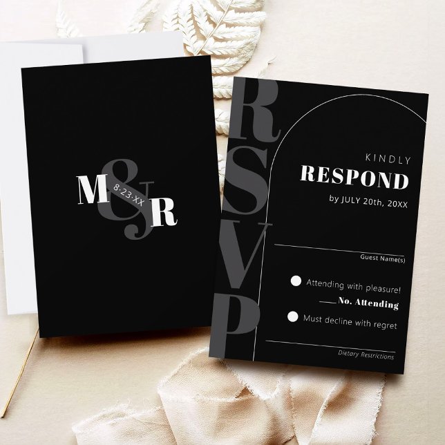 Modern Black Ampersand Arch Bröllop OSA Card (Classy black arch matching modern wedding invitation RSVP card, ampersand monogram Dk gray and white)