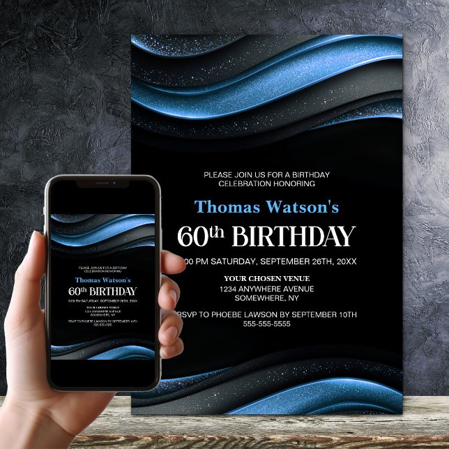 Modern Black and Blue 60th Birthday Party Inbjudningar (Skapare uppladdad)