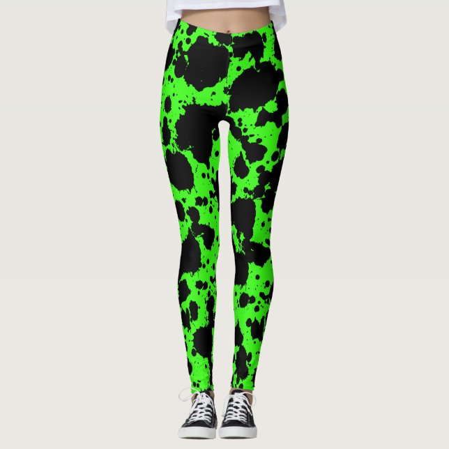 Modern Black and Bright Grönt Paint Splatter Funny Leggings (Framsida)