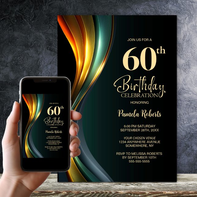Modern Black and Gold 60th Birthday Party Inbjudningar (Skapare uppladdad)