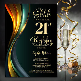 Modern Black and Gold Surprise 21st Birthday Party Inbjudningar