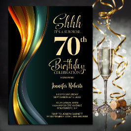 Modern Black and Gold Surprise 70th Birthday Party Inbjudningar