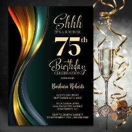 Modern Black and Gold Surprise 75th Birthday Party Inbjudningar