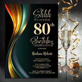 Modern Black and Gold Surprise 80th Birthday Party Inbjudningar
