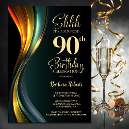 Modern Black and Gold Surprise 90th Birthday Party Inbjudningar