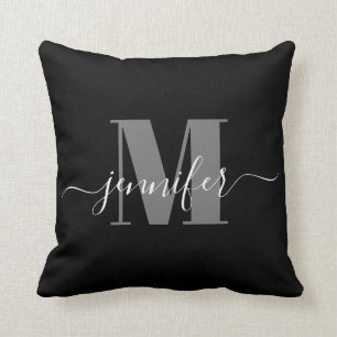Modern Black and Grått Elegant Monogram Namn Kudde