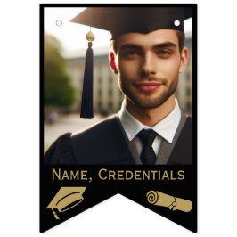 Modern Black and Guld 16-Photo Grad Cap, Diploma Vimplar