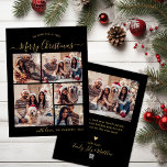Modern Black and Guld 5 Photo Collage jul Julkort<br><div class="desc">Simple Modern Elegant Calligraphy Black and Guld 5 Photo Collage God jul Script Helgdag Card. Den här sjutna, minimalistiska, viskösa 5 (5) fotokortmallen Julhälsningar ett söt-rutnätsfotokollage och säger "God jul"! Texten "God jul" hälsning är skriven i ett vackert handskript med texten swash-svan i guld på svart bakgrund i färg. På...</div>