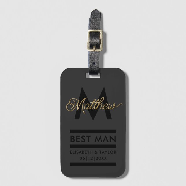 Modern Black and Guld Add Namn & Monogram Best Man Bagagebricka (Framsida vertikal)