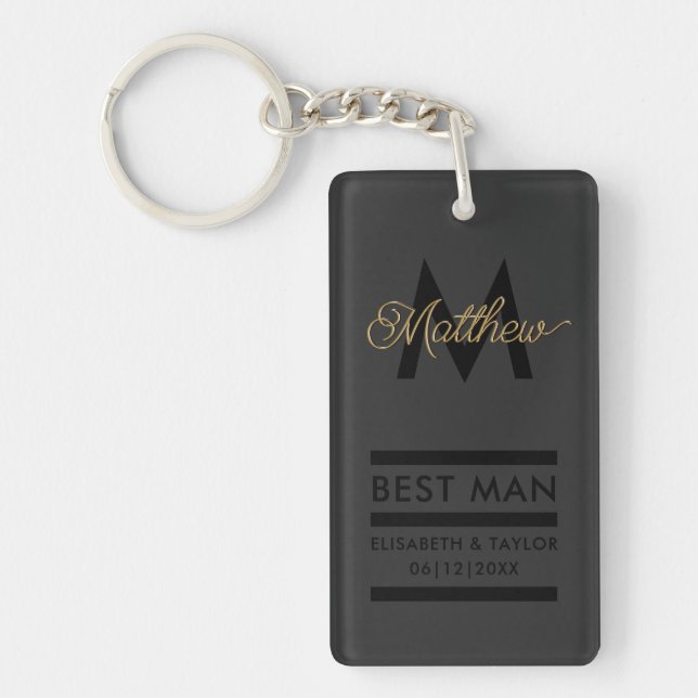 Modern Black and Guld Add Namn & Monogram Best Man Nyckelring (Framsidan)