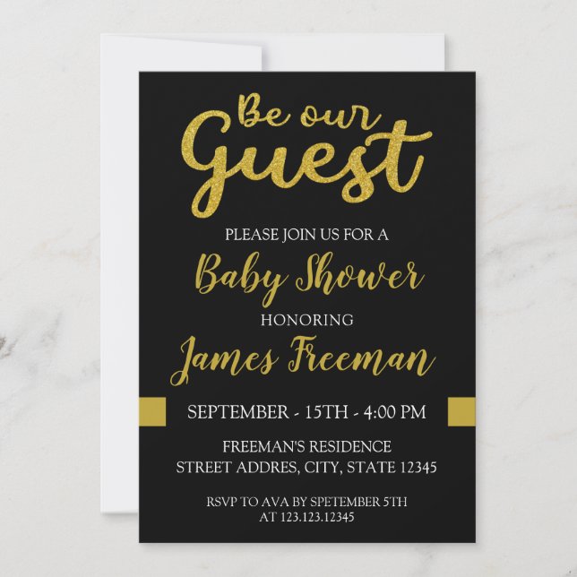 Modern Black and Guld Baby Shower Inbjudningar (Framsida)