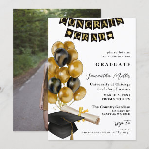 Modern Black and Guld Balloons Photo Studenten Inbjudningar