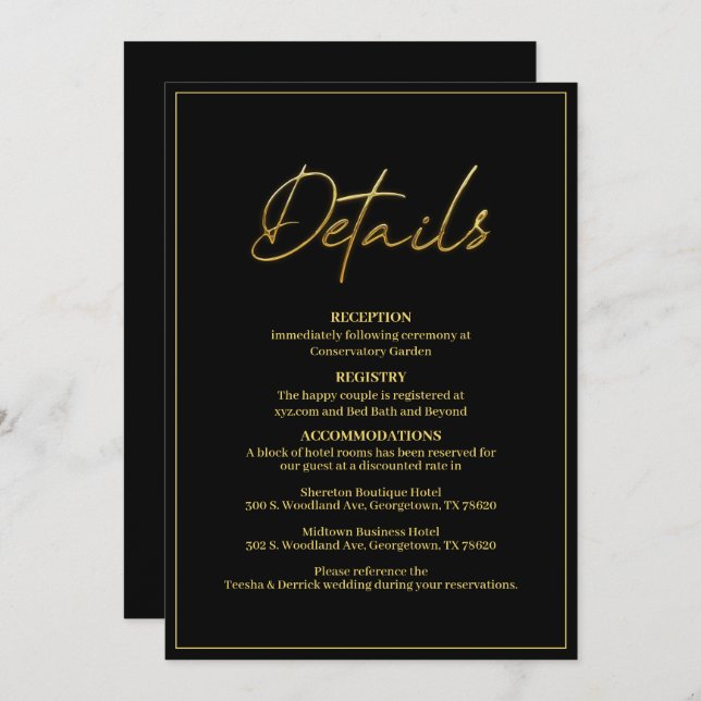 Modern Black and Guld Bröllop-informationskort Inbjudningar (Fram/baksida)