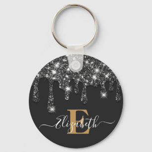 Modern Black and Guld Drives Glitter Monogram Nyckelring
