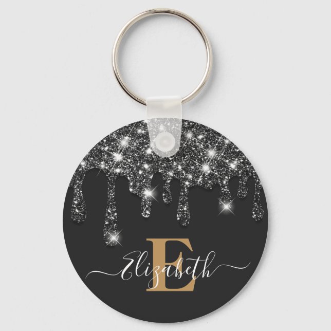 Modern Black and Guld Drives Glitter Monogram Nyckelring (Framsida)