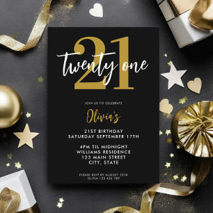 Modern Black and Guld Elegant 21:a födelsedag Inbjudningar