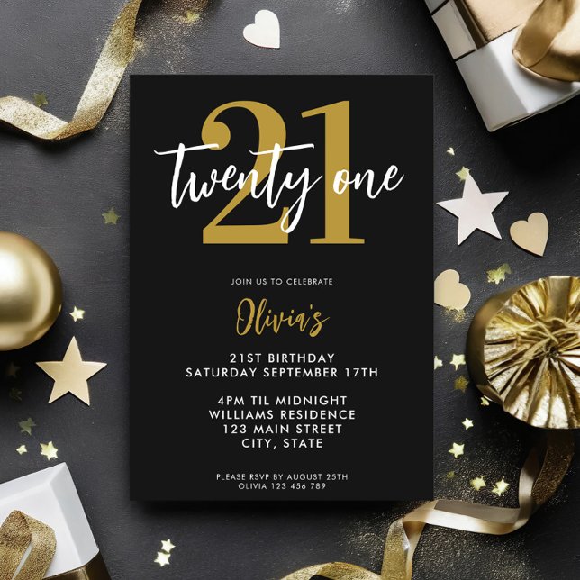 Modern Black and Guld Elegant 21:a födelsedag Inbjudningar (Skapare uppladdad)