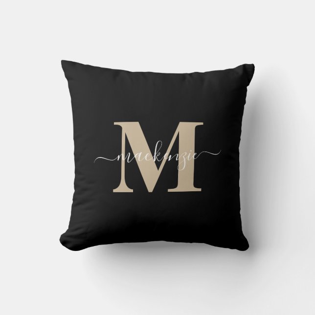 Modern Black and Guld Elegant Monogram Namn Kudde (Framsida)
