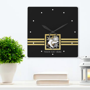 Modern Black and Guld Glitter Ice Skating Fyrkantig Klocka