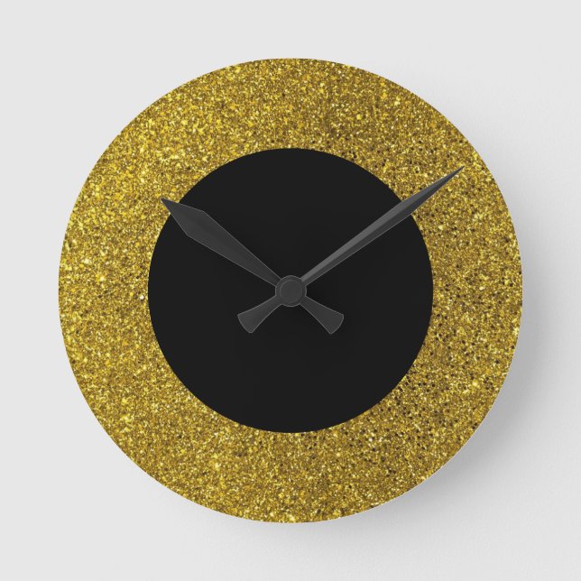 Modern Black and Guld Glitter Round Wall Clock Rund Klocka (Framsida)