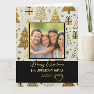 Modern Black and Guld God jul-familjfoto Kort