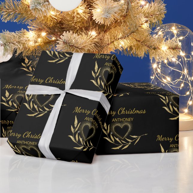 Modern Black and Guld God jul Namn Heart Presentpapper (Helgdagar)