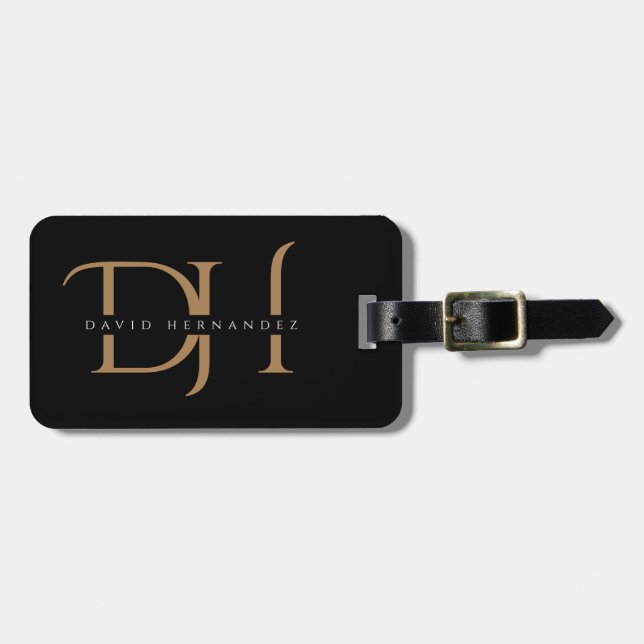 Modern Black and Guld Initialer Elegant Monogramme Bagagebricka (Horisontell Framsida)