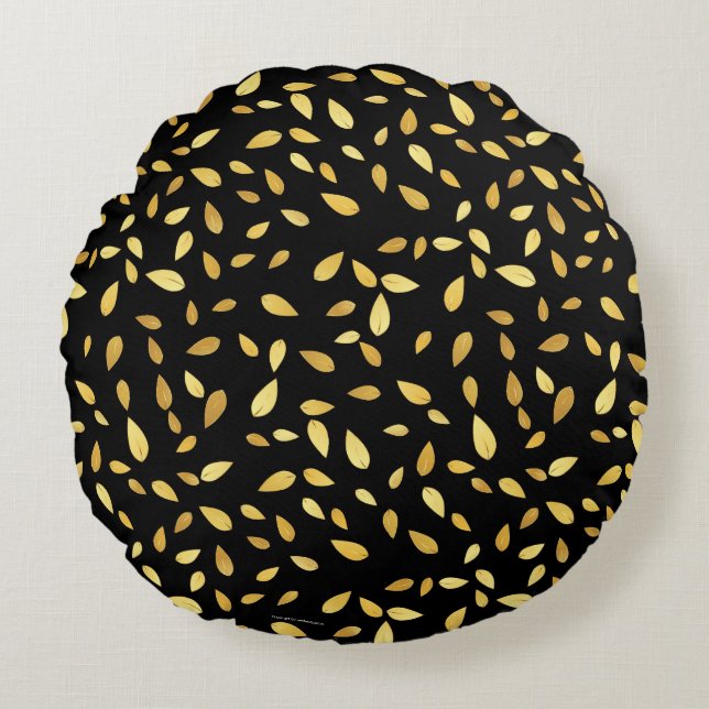 Modern Black and Guld Lövs Illustrated Mönster Rund Kudde (Framsidan)