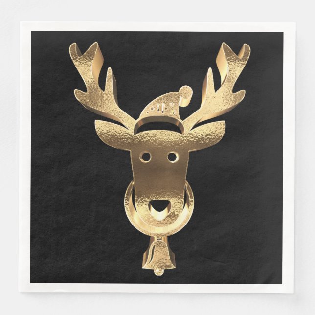 Modern Black and Guld Reindeer Santa Hat-jul Pappersservett (Framsida)