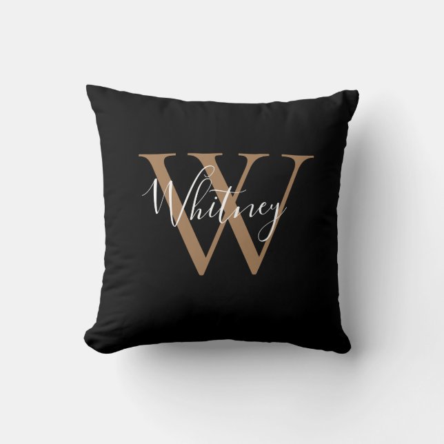 Modern Black and Guld Script Monogram Namn Kudde (Framsida)