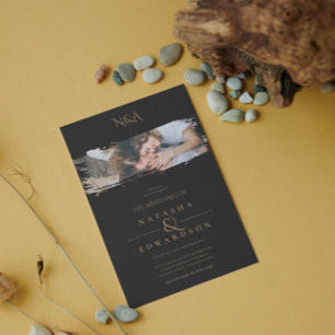 Modern Black and Guld Stroke Photo Bröllop Inbjudningar