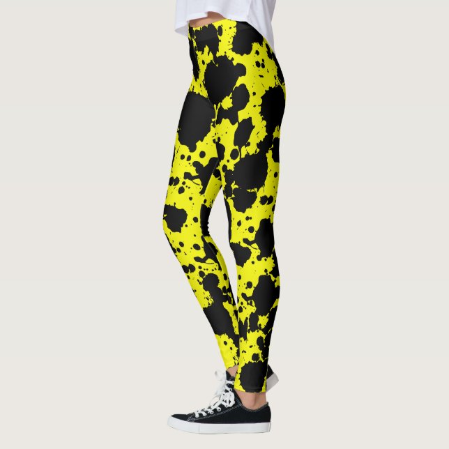 Modern Black and Gult Paint Splatter Funny Leggings (Vänster)