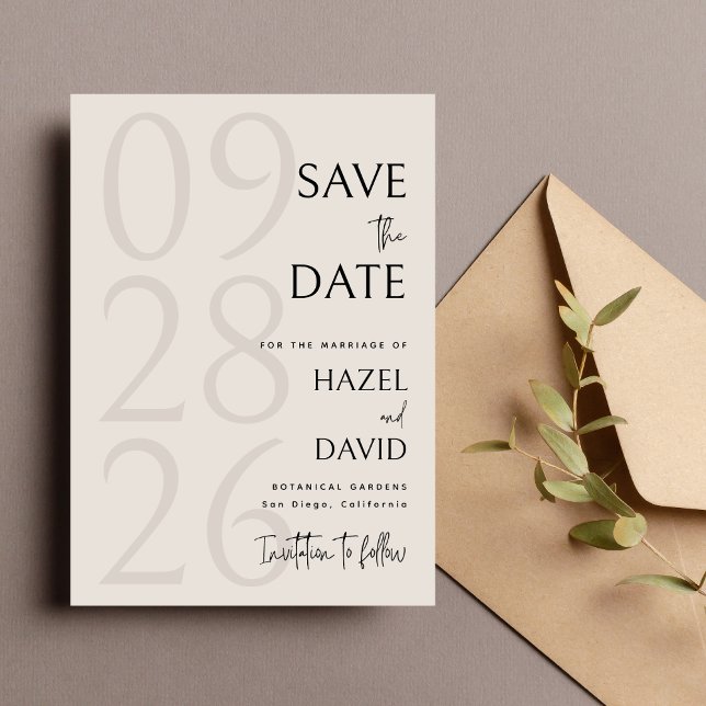 Modern Black and Ivory Minimalist Wedding Spara Datumet (Modern black and ivory minimalist save the date announces your wedding with soft elegance.)