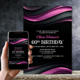 Modern Black and Pink 60th Birthday Party Inbjudningar